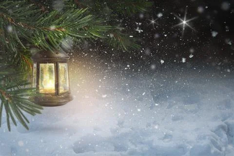 Christmas Lantern hangs on spruce branches at winter night. Stock Illustration