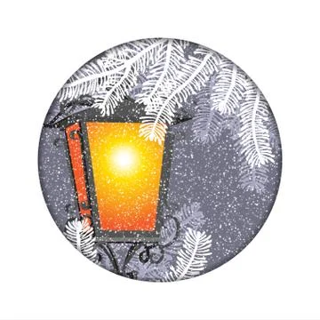 Christmas lantern with snowfall in the night background Illustrazione stock