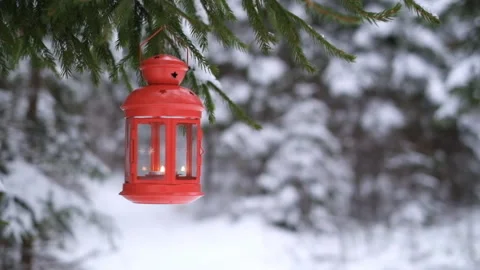 Christmas lantern in the woods. Snowy forest and a lantern. Stock Footage