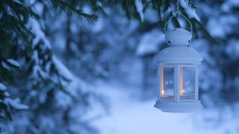 Christmas lantern in the woods under the tree Stock Footage 94238410