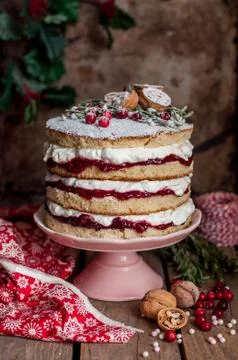 Christmas Layered Cake with Raspberry Jam and Whipped Cream Stock Photos