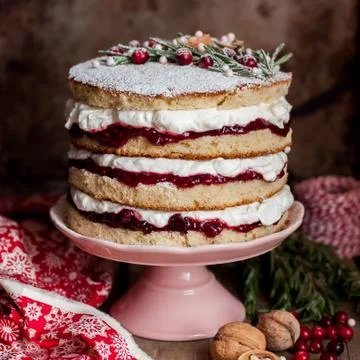 Christmas Layered Cake with Raspberry Jam and Whipped Cream Stock Photos