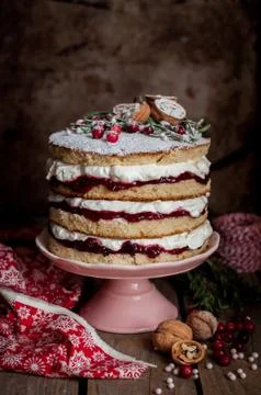 Christmas Layered Cake with Raspberry Jam and Whipped Cream Stock Photos