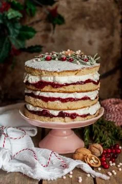 Christmas Layered Cake with Raspberry Jam and Whipped Cream Stock Photos