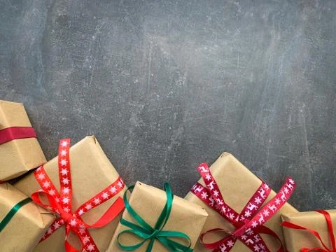 Christmas layout background with gift boxes. Stock Photos