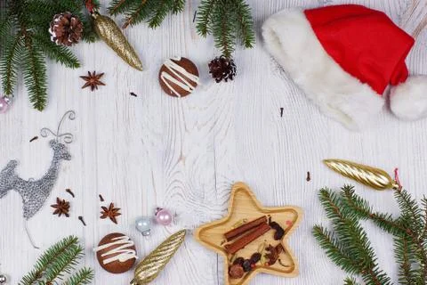 Christmas layout with copy space for text, Santa hat, decorations and Christm Stock Photos
