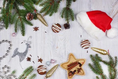  Christmas layout with copy space for text, Santa hat, decorations and Christ Stock Photos
