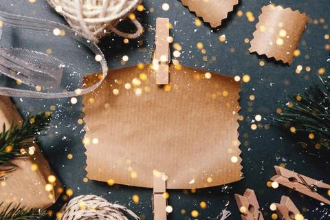 Christmas layout ecological packaging on a grey background Stock Photos