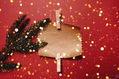 Christmas layout ecological packaging on a red background Stock Photos