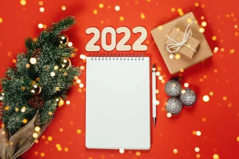 Christmas layout ecological packaging on a red background Stock Photos