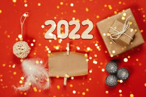 Christmas layout ecological packaging on a red background Stock Photos