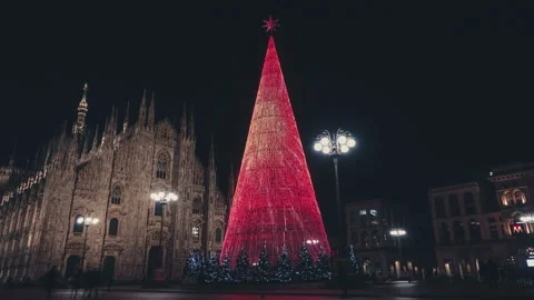 Christmas Led Light Modern Tree in Xmas Time in the City Plaza by Night Stock Footage 144429762