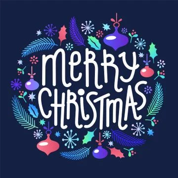 Christmas lettering and vector elements. Wreath, made of fir, leaves Stock Illustration