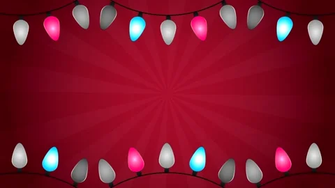Christmas light bulbs string flashing on red sunburst background in motion .. Vídeo Stock 338316124