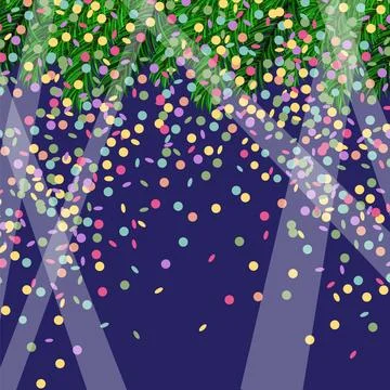 Christmas light pattern. Green natural pine on colored circle confetti back.. イラスト素材