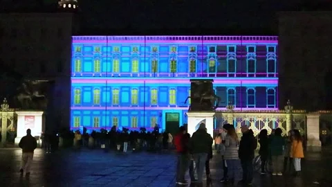 Christmas light show on the facade of Palazzo Reale in Piazza Castello 4 Stock Footage 241735982