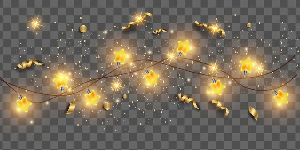 Christmas light string garland, vector New Year bright star bulb Stock Illustration