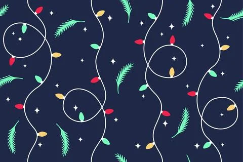 Christmas Light String Seamless Pattern with Pine Branches on Dark Background Stock Illustration