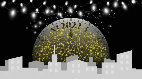 Christmas lights with clock on dark background. Clock hand shows 2022 Stock Footage 166470023
