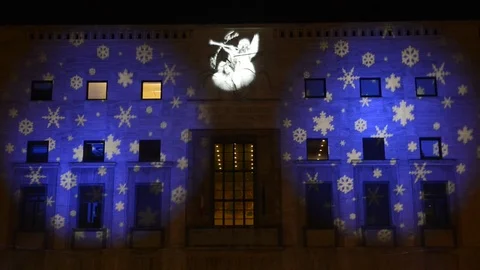 Christmas lights on the facade of Chamber of Commerce, Varese Stock Footage 70488258