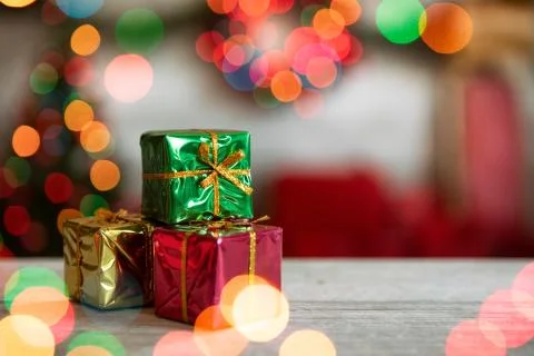 Christmas Lights Holiday Background With Stack Of Gifts Stock Photos