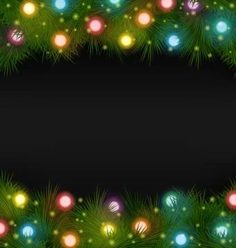 Christmas lights on pine on black Illustrazione stock