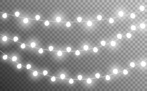 Christmas lights silver on transparent backdrop. Realistic glowing garlands Stock Illustration