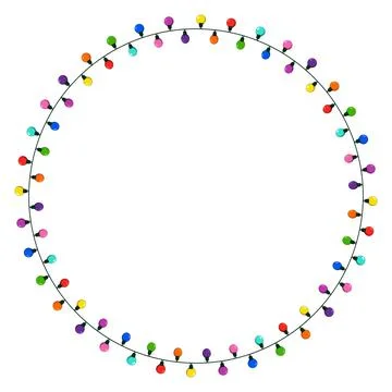 Christmas lights string circle frame. Round wreath illustration with copy spa Stock Illustration