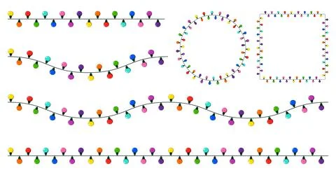 Christmas lights string set. Collection of garland with colorful light bulb.  Stock Illustration