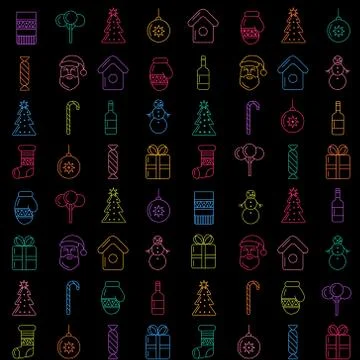 Christmas line icons seamless pattern on black Stock Illustration