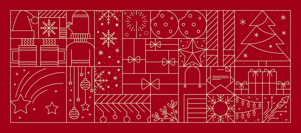 Christmas line pattern, Xmas tree, gift background 스톡 일러스트