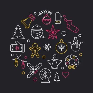 Christmas linear round vector illustration on dark background Illustrazione stock