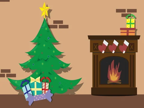 Christmas Living Room Interior: Christmas tree, Xmas decorated fireplace, gifts. Stock Footage