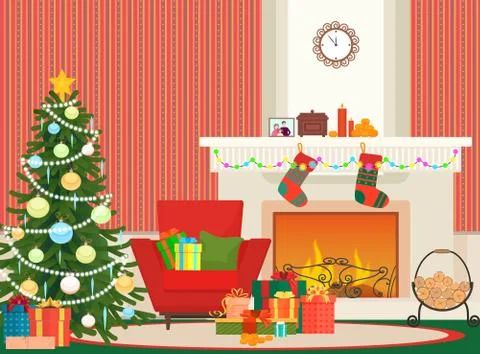 Christmas livingroom flat interior vector illustration. New Year tree, red Illustrazione stock