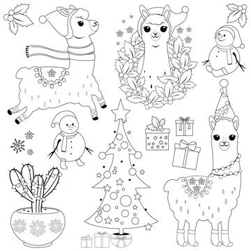 Christmas llama set. Vector black and white coloring page. Stock Illustration