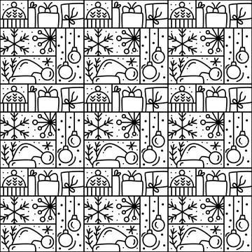 Christmas logo advent seamless pattern snowflake, gift box, house, garland, sock Illustrazione stock