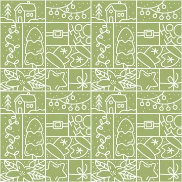 Christmas logo advent seamless pattern snowflake, gift box, house, garland, sock Stock Illustration