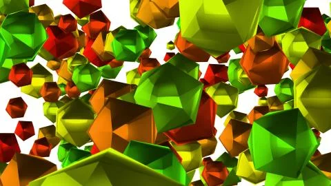 A Christmas looking 3d rendering of many multi corner balls of a green, red a Stock Illustration