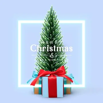 Christmas lush tree with group of realistic gift boxes with red and blue ri.. Stock Illustration