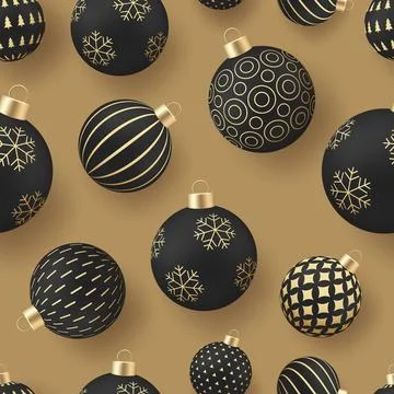 Christmas luxury seamless pattern with black and gold baubles. Elegant fest.. Stock Illustration