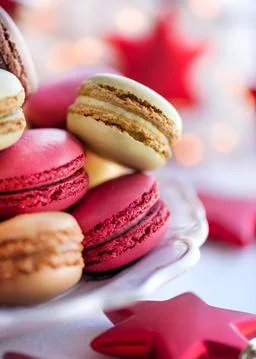 Christmas macarons selective focus  macro text over lay Fotos Stock