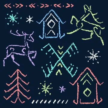 Christmas magic ethnic design element deer, house, tree, snowflake set. Stock Illustration
