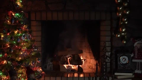 Christmas. magic glowing tree, fireplace and gifts, fireplace with christmas tre Stock Footage 258671349