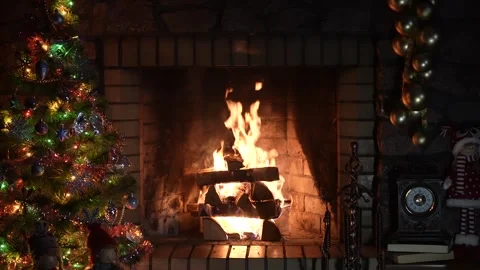 Christmas. magic glowing tree, fireplace and gifts, fireplace with christmas tre Stock Footage 260420114