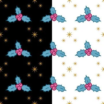 Christmas magic grid seamless pattern. Traditional omela plant, stars in blue Stock Illustration
