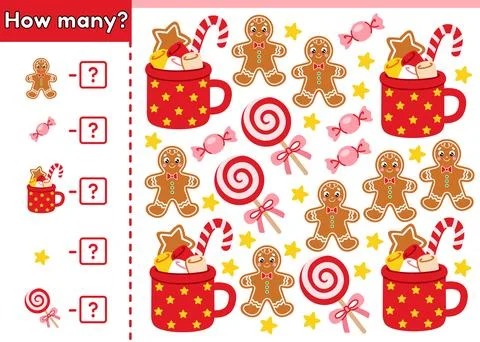 Christmas math counting game How many with sweets Stock Illustration