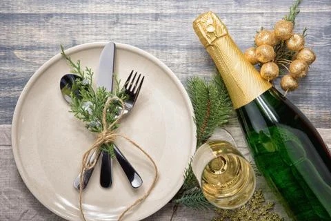 Christmas meal table setting design, flat lay. Foto stock