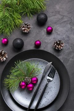 Christmas menu concept . Flat lay with Xmas decorations, dark plates, Stock Photos