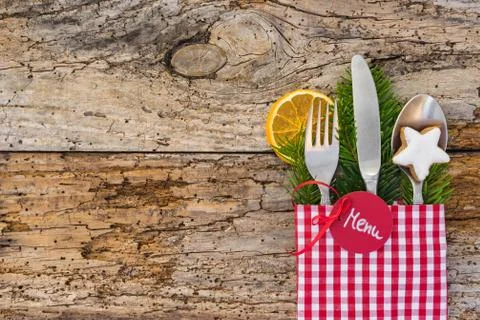 Christmas menu table place setting, holidays background Stock Photos