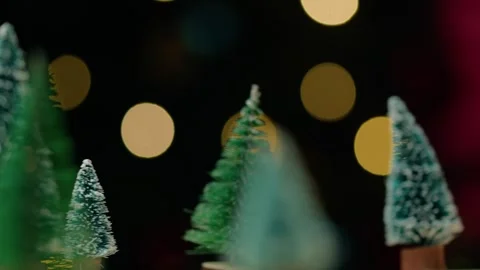Christmas Miniature Pine Trees with Festive Golden Bokeh Background Lighting 库存影片 331107146